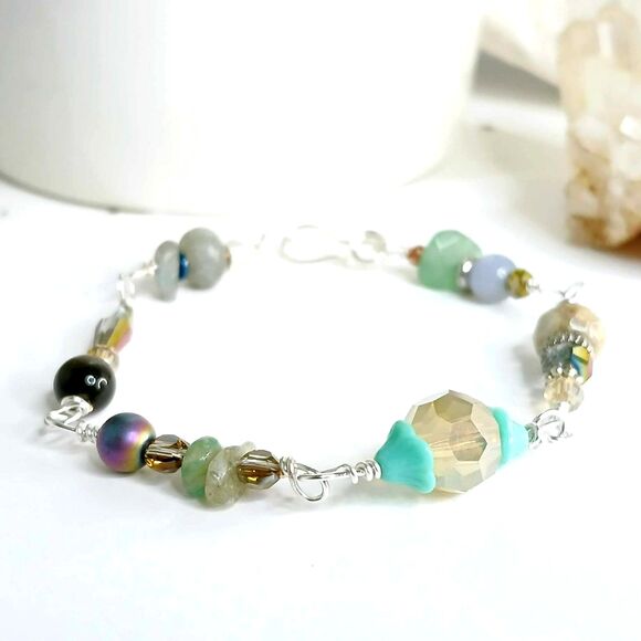 Gemstone Beaded Bracelet - 8" - Obsidian Aventurine Agate Hematite - Picture 3 of 6